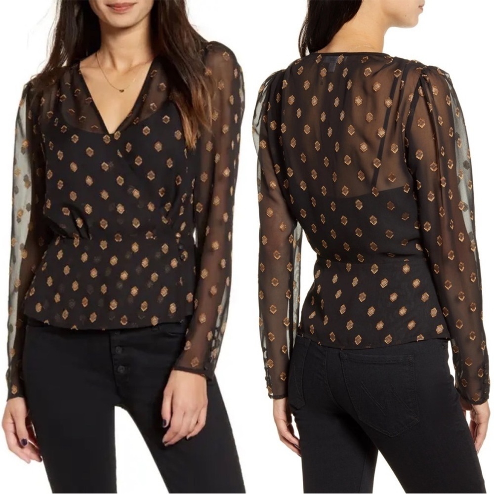 CHELSEA28 Black Gold Textured Geo Dot Surplice Overlay Top Size Small